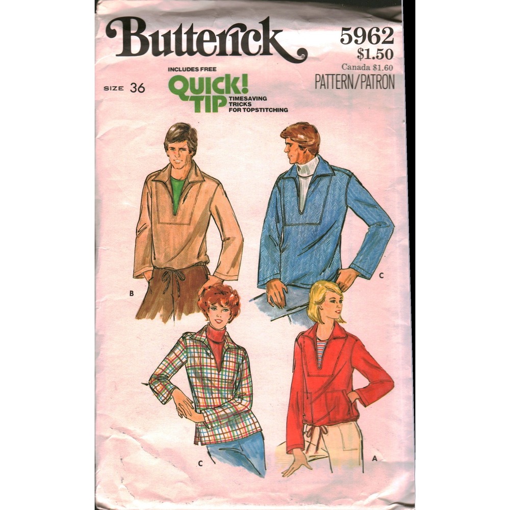Vintage Butterick 5962 Mens Top Sewing Pattern Size 36 Pullover Shirt Retro 70s